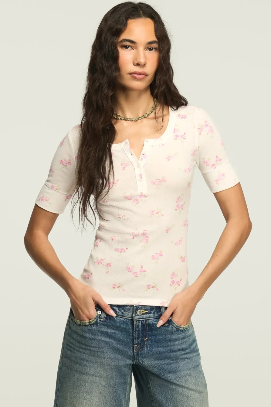 Image of Lucky Brand Ribbed Henley Tee - Women's Clothing Tops Shirts Tee Graphic T Shirts in Cream Floral