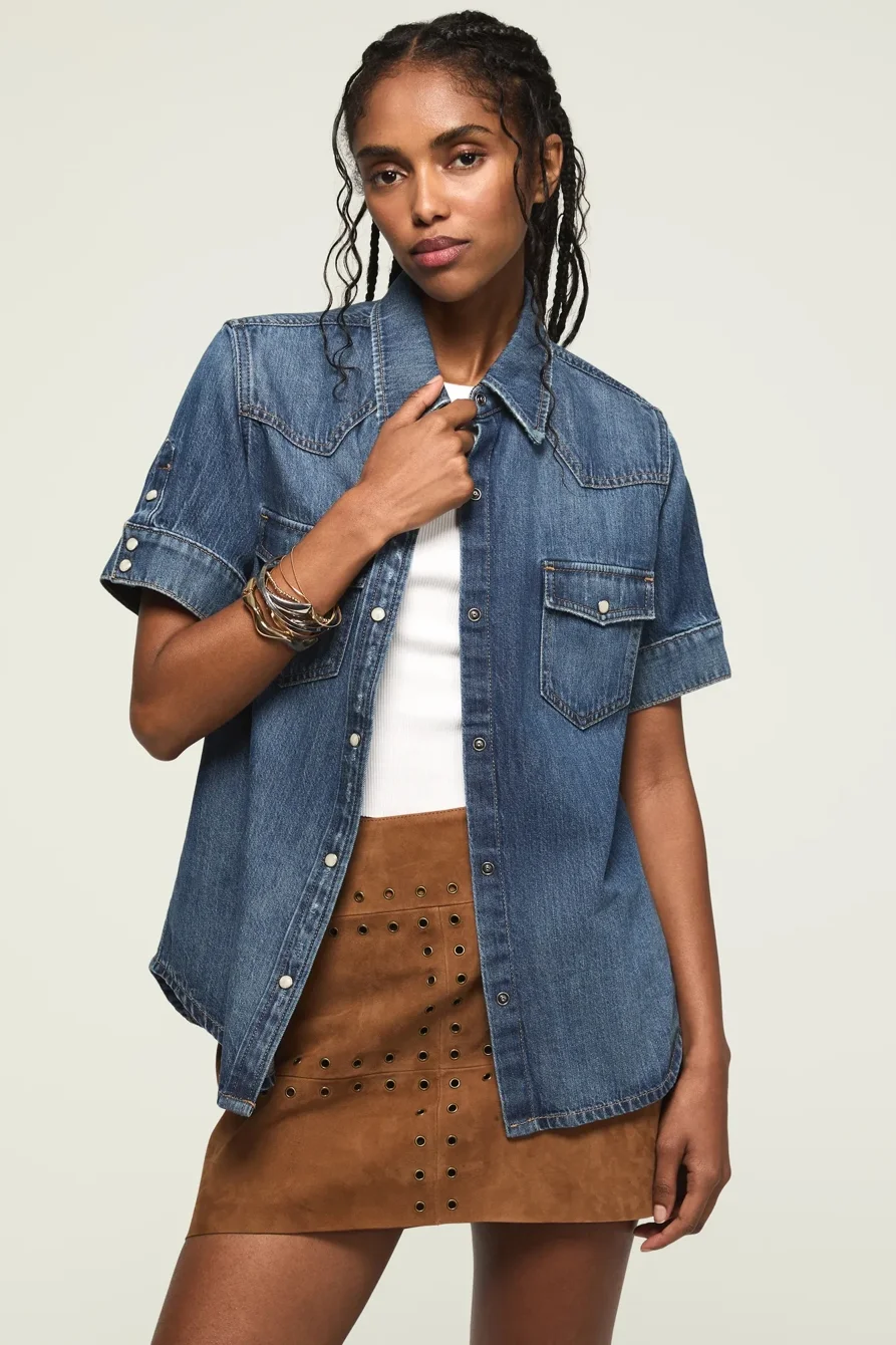 Image of Lucky Brand Cut Off Denim Button Down - Women's Clothing Outerwear Jean Denim Jackets in Give Me More Wash