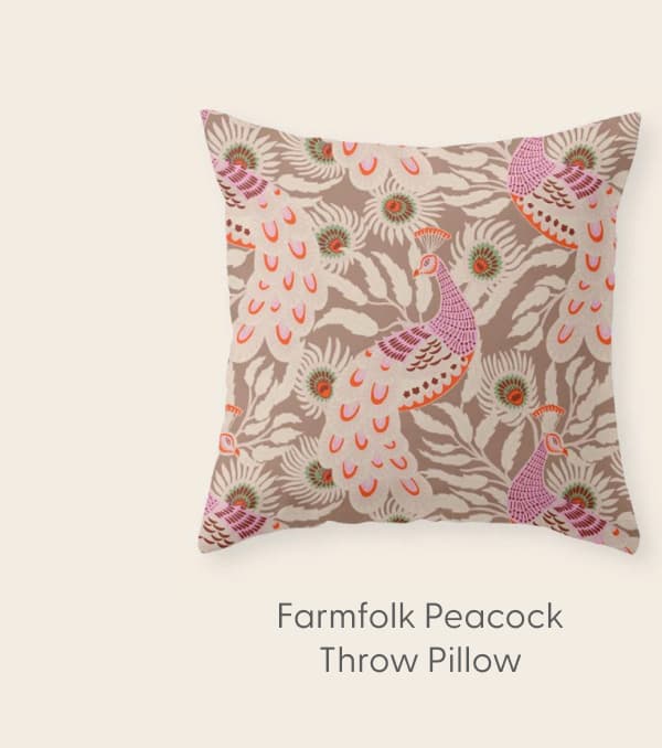 FARMFOLK PEACOCK Inspired by PANTONE 17 1230 Mocha Mousse Throw Pillow