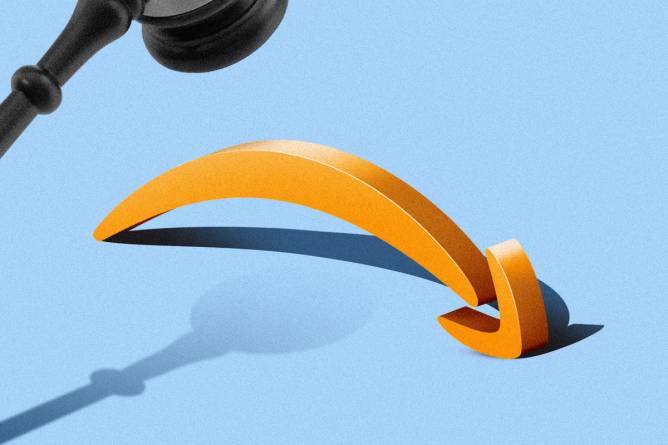 Gavel coming down on the Amazon logo