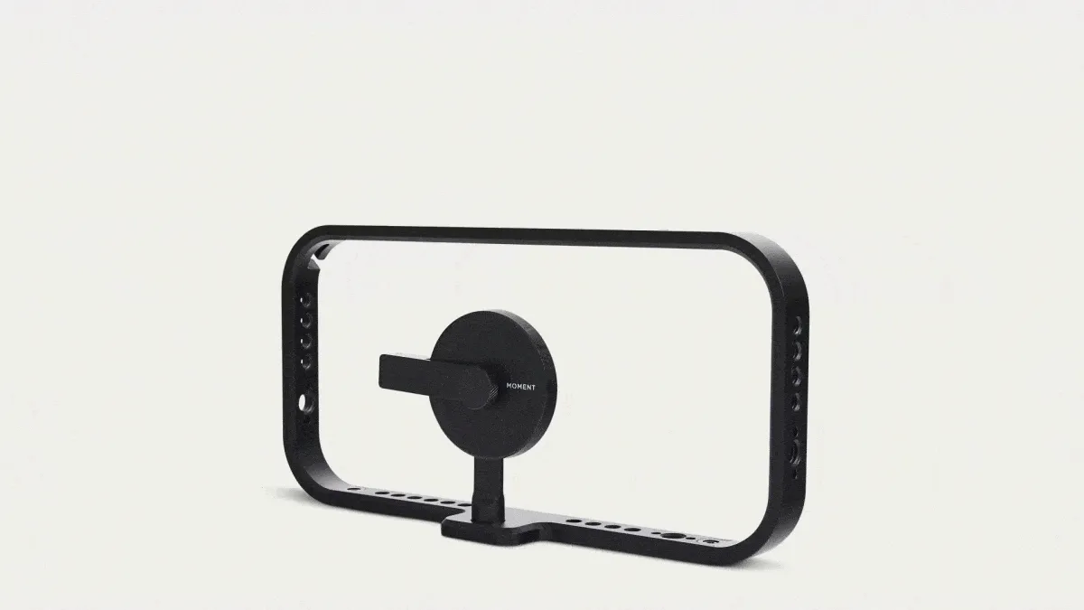 Gif of building the Mobile filmmaker cage with grips filters and a microphone