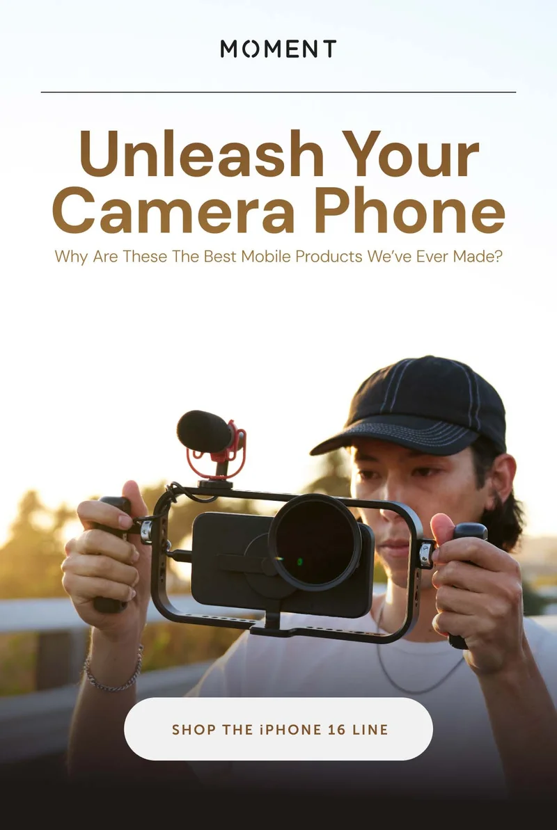 Unleash Your Camera Phone - Shop The iPhone 16 Line - Why are these the best mobile products we've ever made?. Image of man holding a phone in a filmmaker cage.