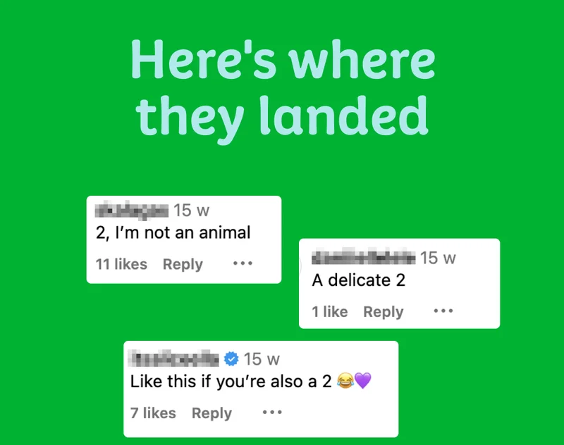 Here’s where they landed  "2, I’m not an animal" "A delicate 2" "Like this if you’re also a 2"