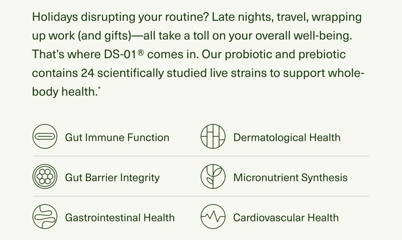 Holidays disrupting your routine? Late nights, travel, wrapping up work (and gifts)—all take a toll on your overall well-being. That’s where DS-01® comes in. Our probiotic and prebiotic contains 24 scientifically studied live strains to support whole-body health.* • Gastrointestinal health* • Gut barrier integrity* • Gut immune function* • Dermatological health* • Cardiovascular health* • Micronutrient synthesis*