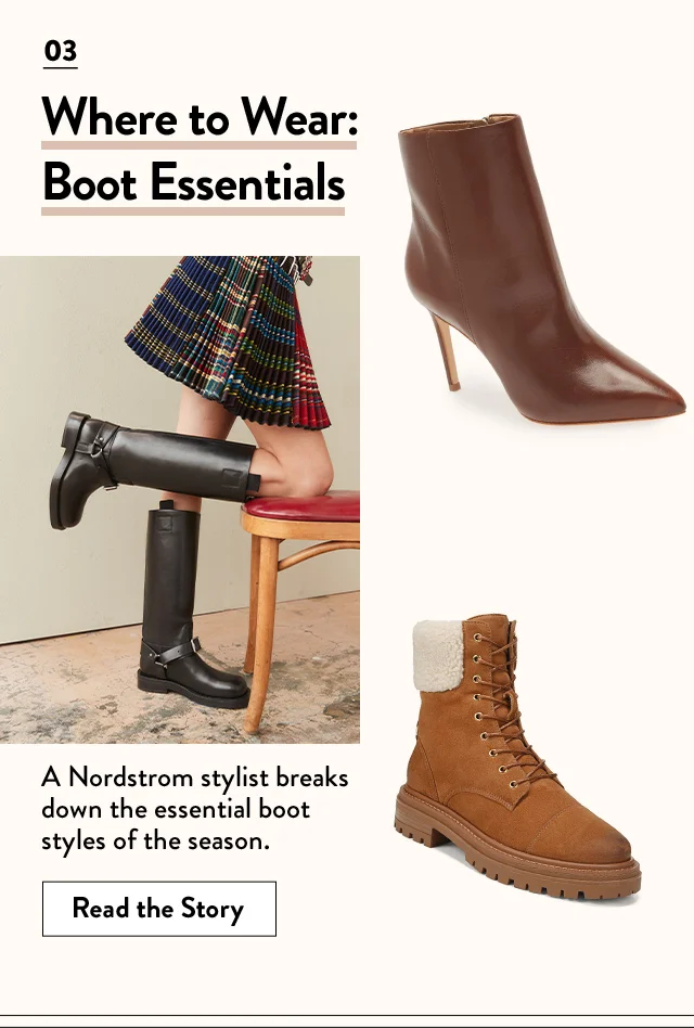 Model wearing black knee-high boots; brown stiletto boot; tan combat boot.