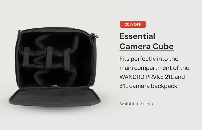 20% OFF Essential Camera Cube Fits perfectly into the main compartment of the WANDRD PRVKE 21L and 31L camera backpack. available in 3 sizes