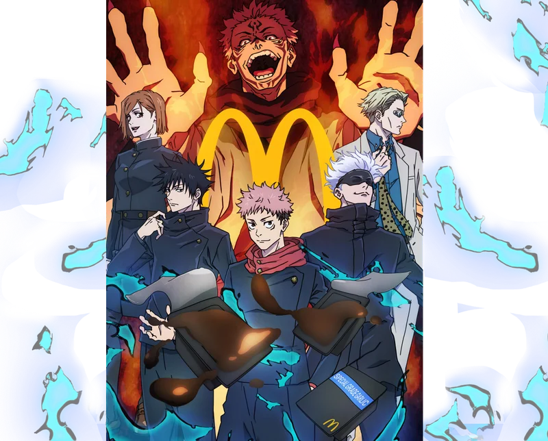 Visit McDonald's home for Special Grade Garlic Sauce, inspired by Jujutsu Kaisen. Itadori, Fushiguro, Gojo, Kugisaki, Nanami and Sukuna from the popular anime cinematically pose next to the Golden Arches while being surrounded by fiery energy.
