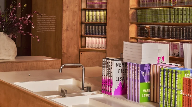 Photo of books on shelf as part of the Aesop Queer Library 2024