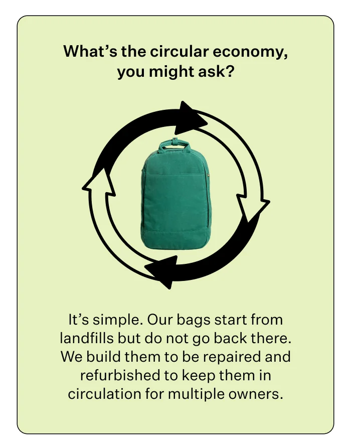 What’s the circular economy, you might ask?   It’s simple. Our bags start from landfills but do not go back there. We build them to be repaired and refurbished to keep them in circulation for multiple owners.