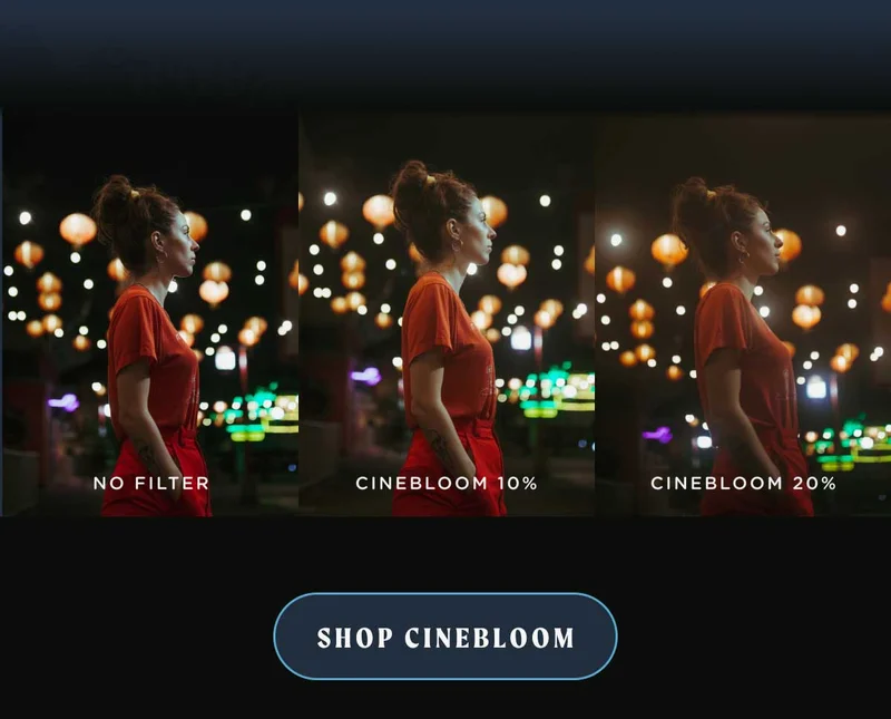 Examples of the 3 different strengths of filters and the images they product no filter, 10% and 20% with a button that says "shop cinebloom"