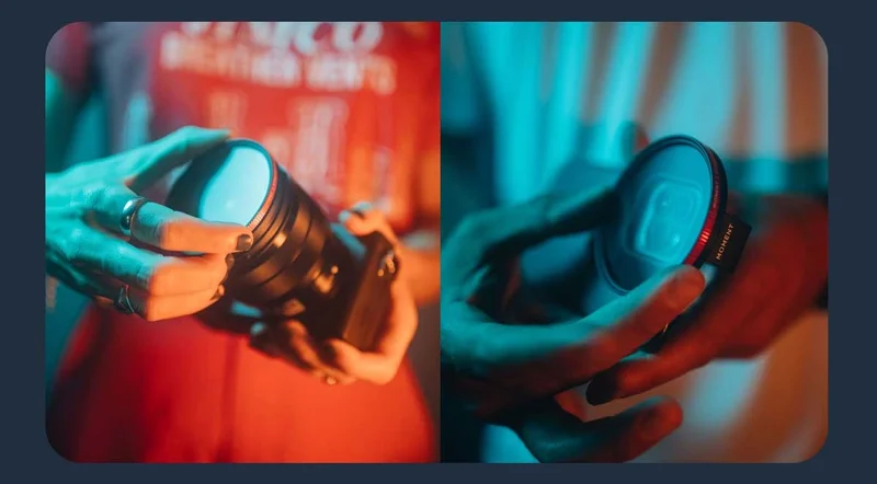 split image showing people installing camera filters on both phones and camera lenses. Text reads "attaches to any camera, works for photos and video, including your phone"