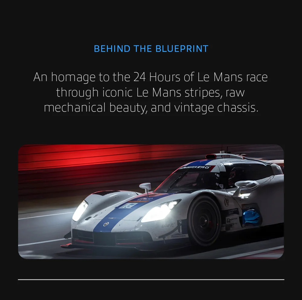 Behind the Blueprint: An homage to the 24 Hours of Le Mans race through iconic Le Mans stripes, raw mechanical beauty, and vintage chassis.