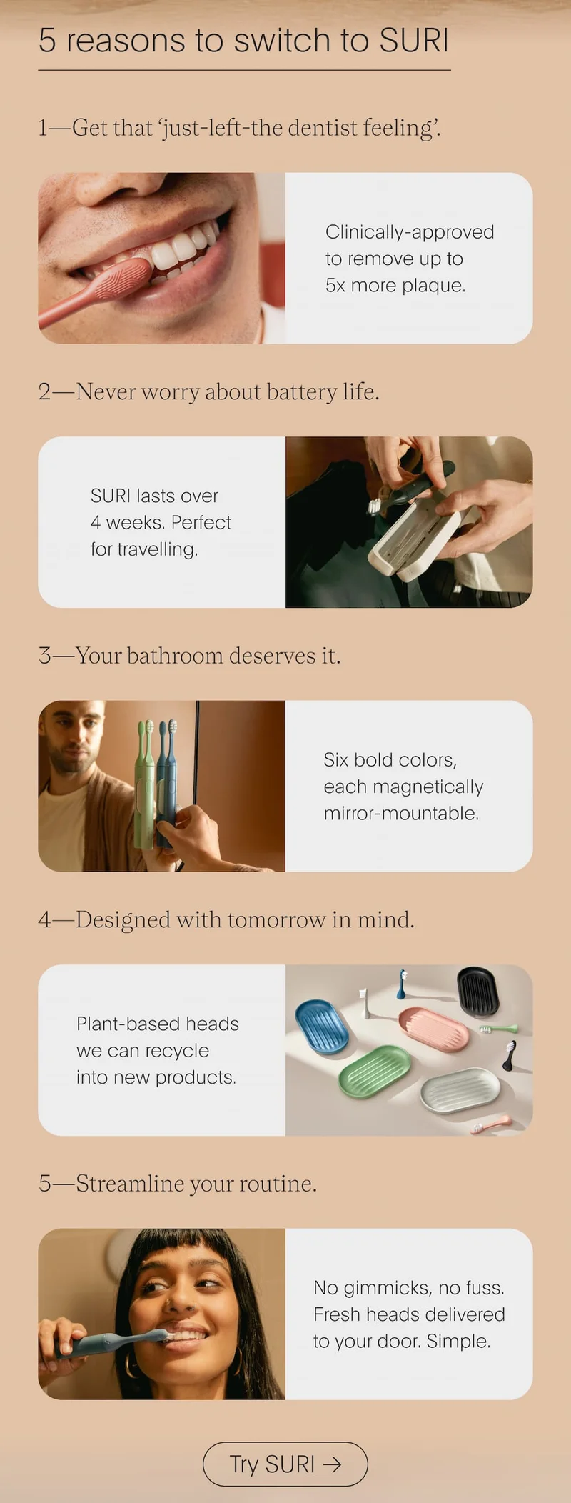 5 Reasons to switch to SURI | 1—Get that ‘just-left-the dentist feeling’. | 2—Never worry about battery life. | 3—Your bathroom deserves it. | 4—Designed with tomorrow in mind. | 5—Streamline your routine.