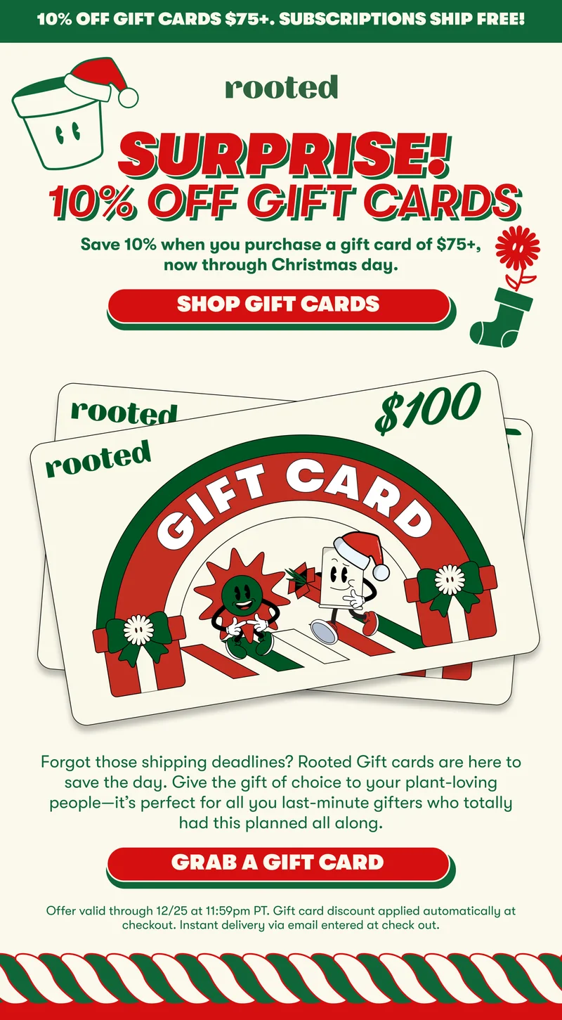 10% OFF GIFT CARDS $75+. SUBSCRIPTIONS SHIP FREE! SURPRISE! 10% OFF GIFT CARDS Save 10% when you purchase a gift card of $75+, now through Christmas day. [SHOP GIFT CARDS]  Forgot those shipping deadlines? Rooted Gift cards are here to save the day. Give the gift of choice to your plant-loving people—it’s perfect for all you last-minute gifters who totally had this planned all along. [GRAB A GIFT CARD]