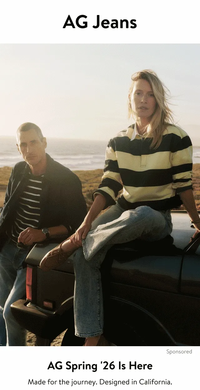 A man and woman wearing AG jeans.