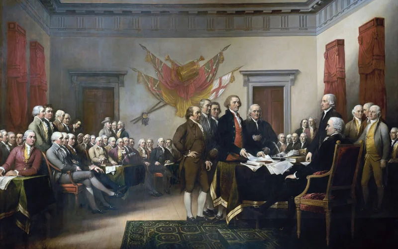 John Trumbull's painting 'Declaration of Independence' depicts the five-man drafting committee of the Declaration of Independence presenting their work to the Congress.