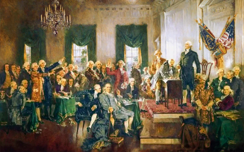 George Washington (right) presides over the signing of the Constitution of the United States, made possible by the brokering of the Great Compromise two months before.
