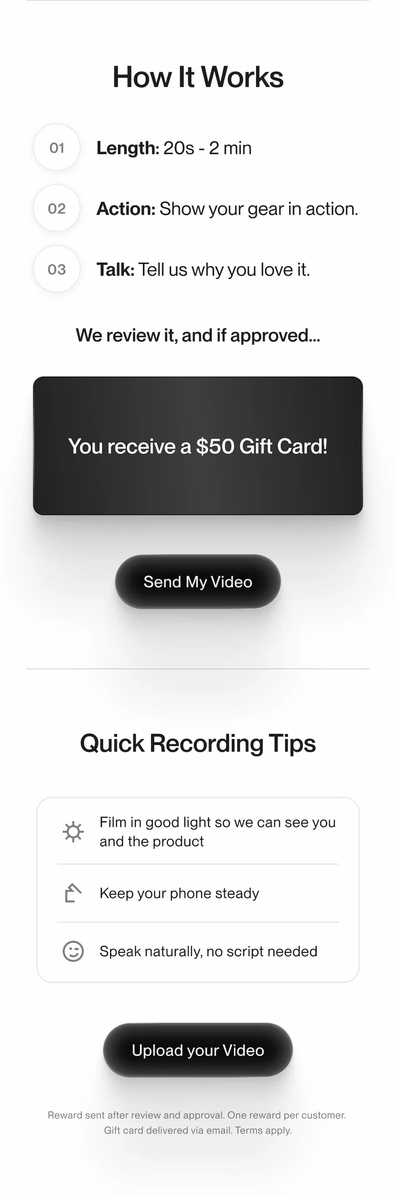 Step-by-step graphic explaining how to submit a short video showing UNIT 1 gear in use to receive a 50 dollar gift card.