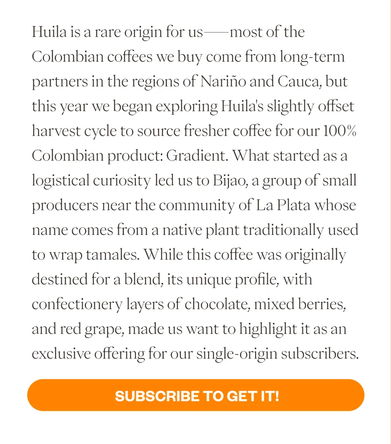 Huila is a rare origin for us—most of the Colombian coffees we buy come from long-term partners in the regions of Nariño and Cauca, but this year we began exploring Huila's slightly offset harvest cycle to source fresher coffee for our 100% Colombian product: Gradient. What started as a logistical curiosity led us to Bijao, a group of small producers near the community of La Plata whose name comes from a native plant traditionally used to wrap tamales. While this coffee was originally destined for a blend, its unique profile, with confectionery layers of chocolate, mixed berries, and red grape, made us want to highlight it as an exclusive offering for our single-origin subscribers.  CTA: Subscribe to get it!