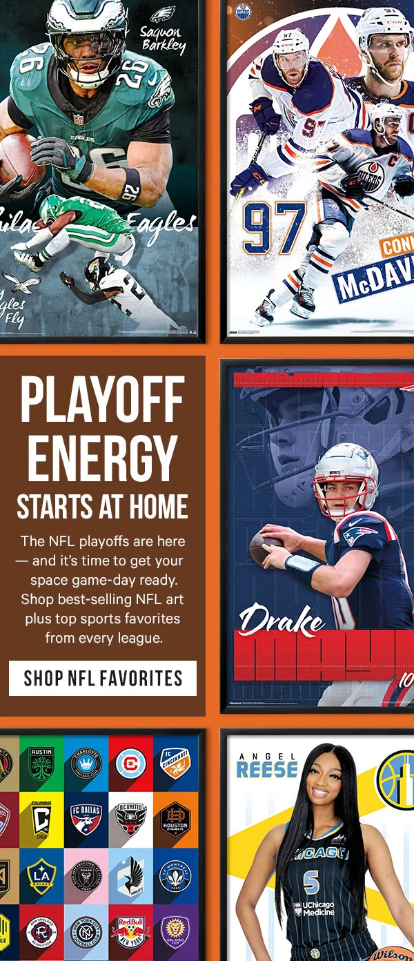 Playoff Energy Starts at Home: The NFL playoffs are here — and it’s time to get your space game-day ready. Shop best-selling NFL art plus top sports favorites from every league.