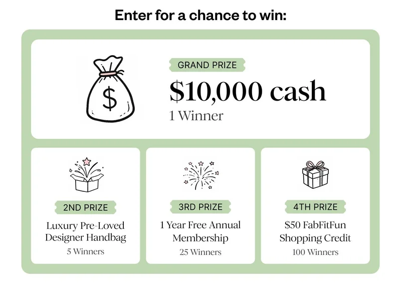 Enter for a chance to win: | GRAND PRIZE $10,000 cash 1 Winner | 2ND PRIZE Luxury Pre-Loved Designer Handbag 5 Winners | 3RD PRIZE 1 Year Free Annual Membership 25 Winners | 4TH PRIZE $50 FabFitFun Shopping Credit 100 Winners