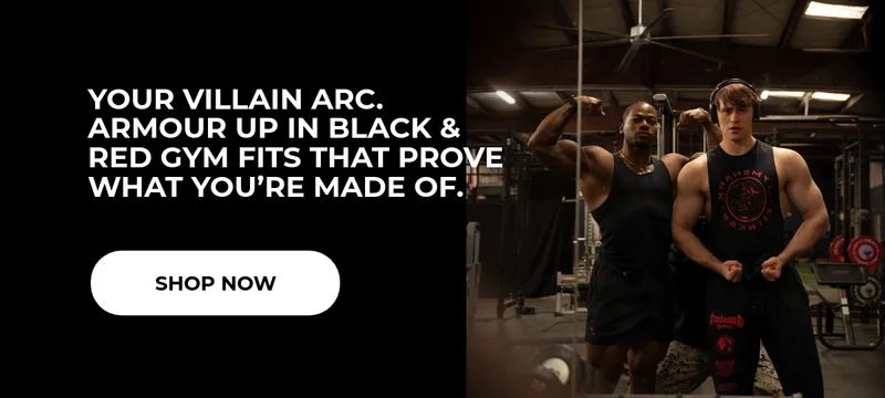 YOUR VILLAIN ARC. ARMOUR UP IN BLACK AND RED GYM FITS THAT PROVE WHAT YOU'RE MADE OF