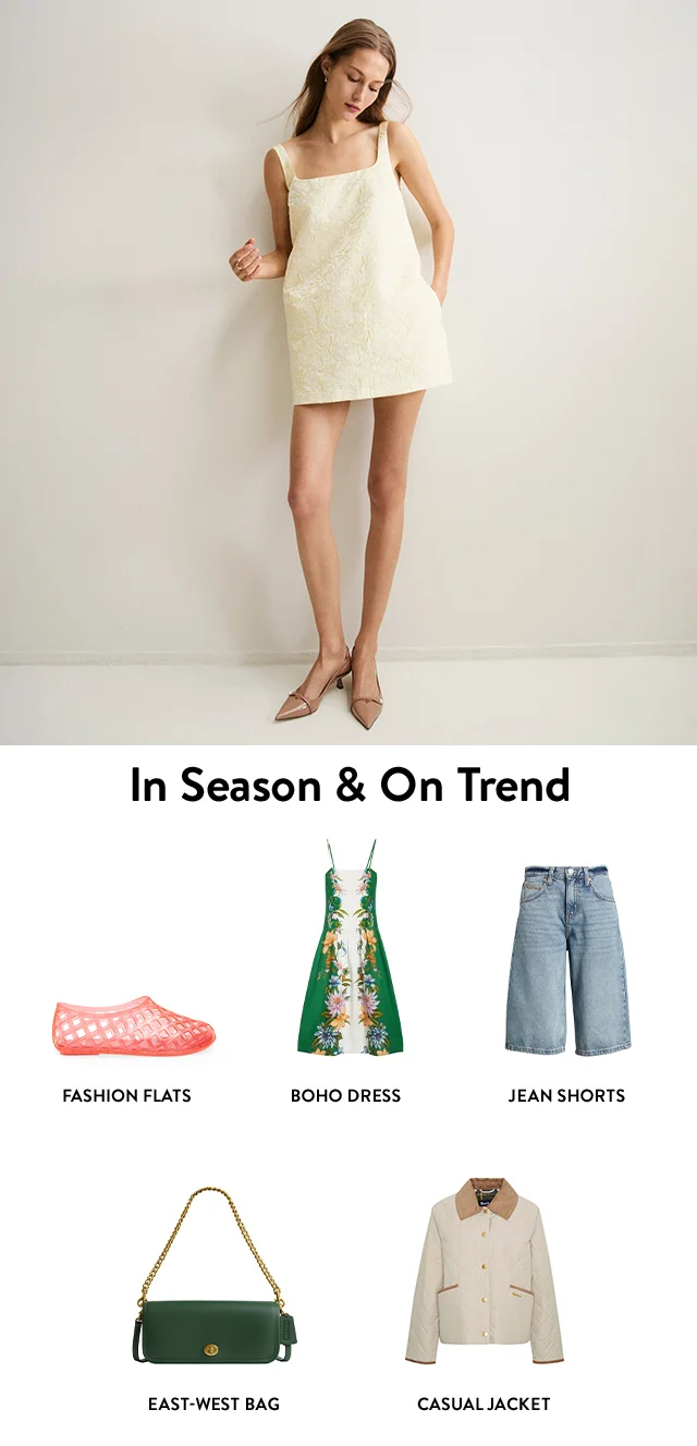 A woman wearing a sleeveless minidress with pointy-toe kitten heels. A green handbag, floral-print dress, quilted coat, jelly slip-on shoe and jean shorts.