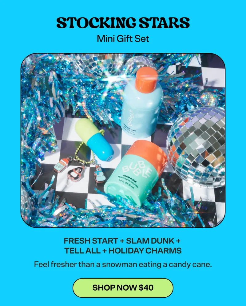 Stocking Stars Mini Gift Set  FRESH START + SLAM DUNK + TELL ALL + HOLIDAY CHARMS [SHOP NOW $40] Feel fresher than a snowman eating a candy cane.
