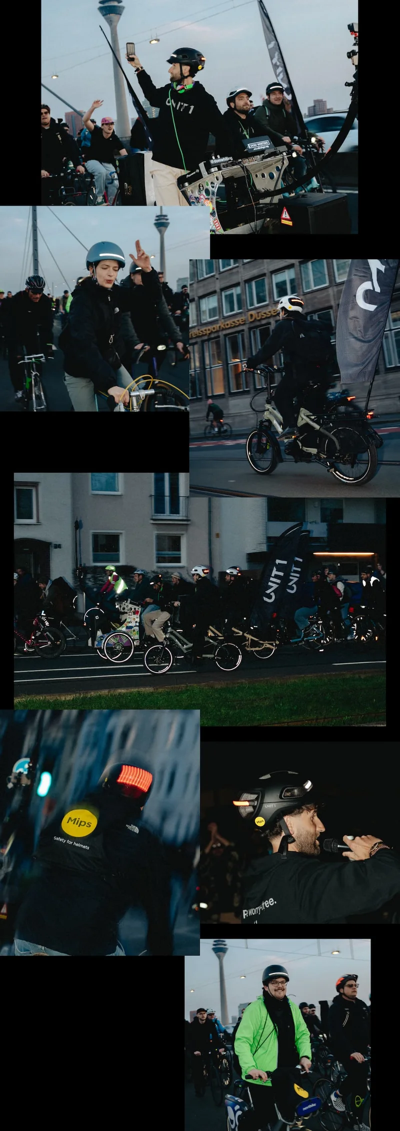 Moments from UNIT 1 x Dom Whiting night ride including riders, DJ setup, and helmets in action