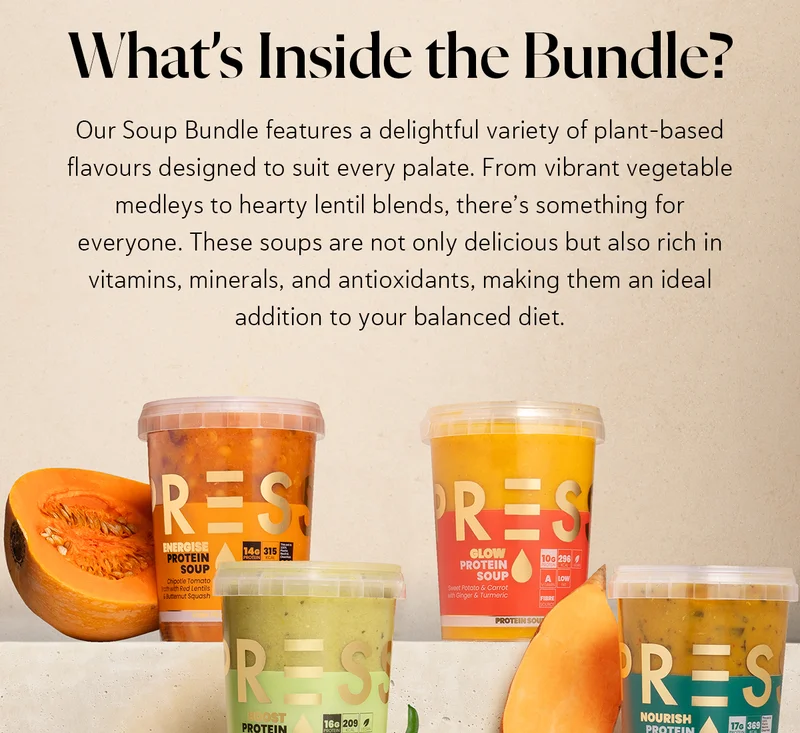 What’s Inside the Bundle? Our Soup Bundle features a delightful variety of plant-based flavours designed to suit every palate. From vibrant vegetable medleys to hearty lentil blends, there’s something for everyone. These soups are not only delicious but also rich in vitamins, minerals, and antioxidants, making them an ideal addition to your balanced diet.