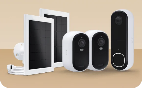 Arlo starter kit featuring 2 Essential Outdoor Cameras, a Video Doorbell, and 2 solar panels.