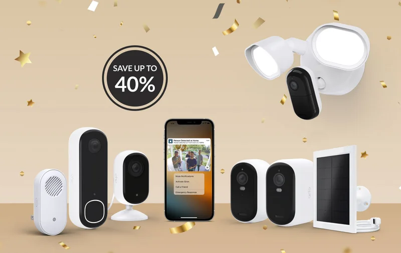 Get up to 40% off. Various Arlo security products on display with confetti.