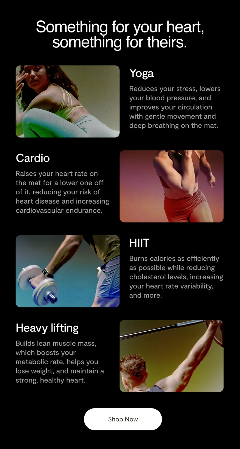 "Something for your heart, something for theirs" with subsections for Yoga, Cardio, HIIT, and Heavy Lifting explaining the benefits of each. "Shop Now" button at the bottom.