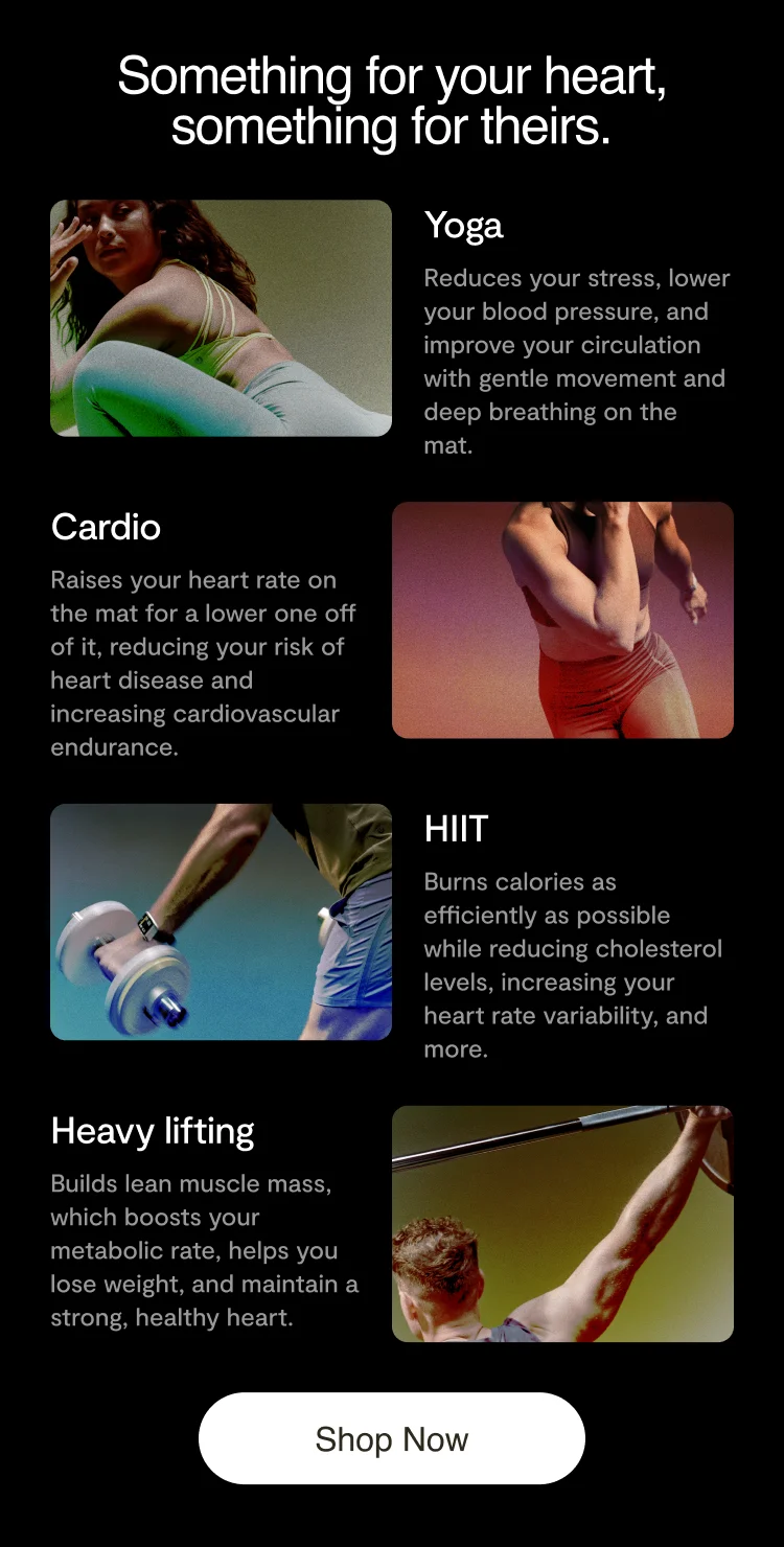 "Something for your heart, something for theirs" with subsections for Yoga, Cardio, HIIT, and Heavy Lifting explaining the benefits of each. "Shop Now" button at the bottom.