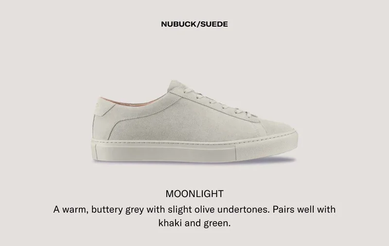 NUBUCK/SUEDE - MOONLIGHT. A warm grey with slight olive undertones. Pairs well with khaki and green.