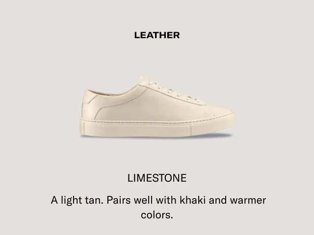 LEATHER - LIMESTONE. A light tan. Pairs well with khaki and warmer colors.