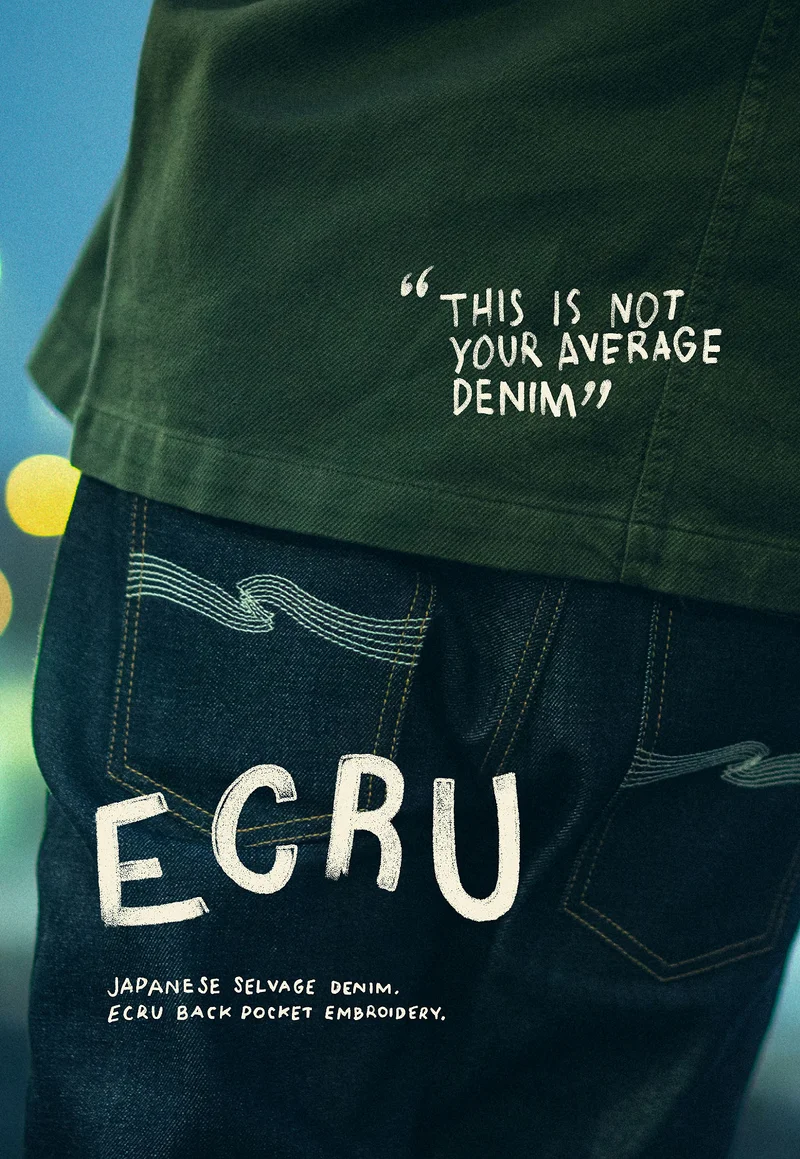 Ecru Japanese selvage denim ecru back pocket embroidery
