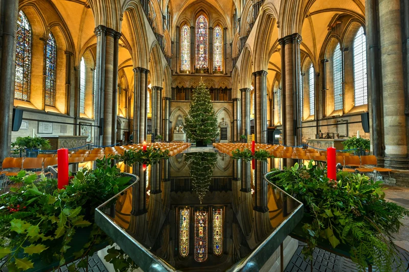 A 32-foot Christmas tree stands in Salisbury Cathedral in England. In the 17th century, churches across the country were forbidden from decking the halls for Christmas—which Puritans rejected as a pagan festival covered with a Christian veneer.