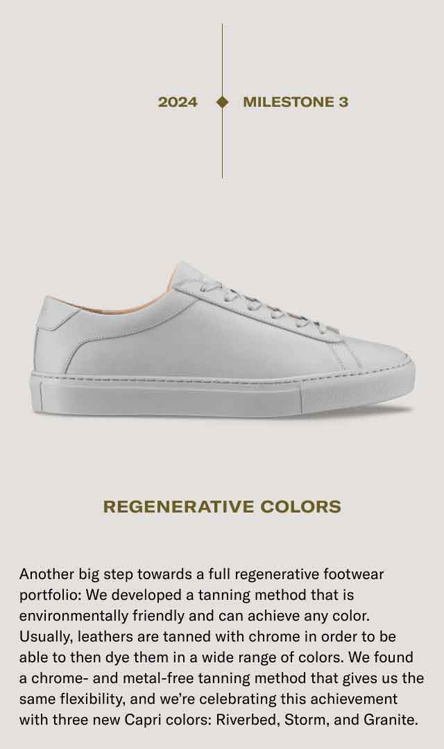 2024- MILESTONE 3. REGENERATIVE COLORS. Another big step towards a full regenerative footwear portfolio: We developed a tanning method that is environmentally friendly and can achieve any color. Usually, leathers are tanned with chrome in order to be able to then dye them in a wide range of colors. We found a chrome-and metal-free tanning method that gives us the same flexibility and we're celebrating this achievement with three new Capri colors: Riverbed, Storm and Granite.