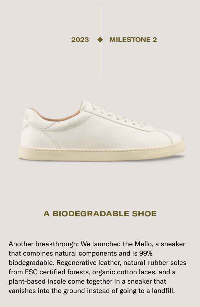 2023- MILESTONE 2. A BIODEGRADABLE SHOE. Another breakthrough: We launched the Mello, a sneaker that combines natural components and is 99% biodegradable. Regenerative leather, natural-rubber soles from FSC certified forests, organic cotton laces, and plant-based insole come together in a sneaker that vanishes into the ground instead of going to a landfill.