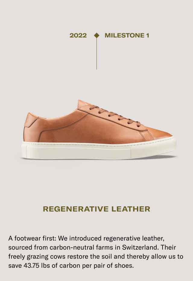 2022- MILESTONE 1. REGENERATIVE LEATHER. A footwear first: We introduced regenerative leather, sourced from carbon-neutral farms in Switzerland. Their freely grazing cows restore the soil and thereby allow us to save 43.75 Ibs of carbon per pair of shoes.
