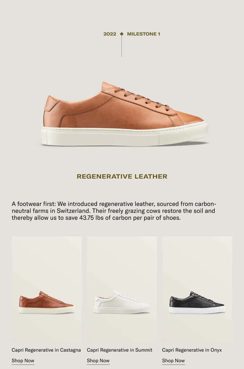 2022- MILESTONE 1. REGENERATIVE LEATHER. A footwear first: We introduced regenerative leather, sourced from carbon-neutral farms in Switzerland. Their freely grazing cows restore the soil and thereby allow us to save 43.75 Ibs of carbon per pair of shoes.