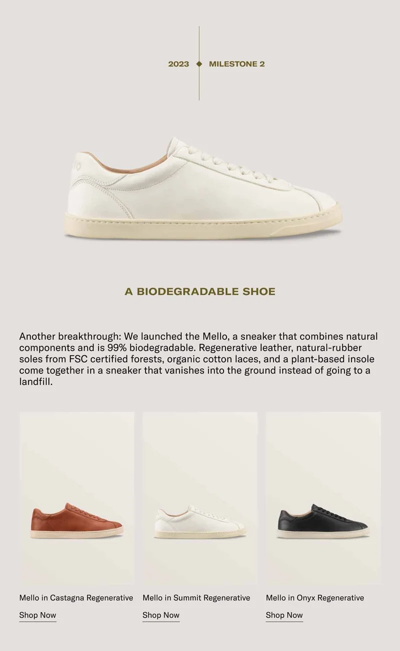 2023- MILESTONE 2. A BIODEGRADABLE SHOE. Another breakthrough: We launched the Mello, a sneaker that combines natural components and is 99% biodegradable. Regenerative leather, natural-rubber soles from FSC certified forests, organic cotton laces, and plant-based insole come together in a sneaker that vanishes into the ground instead of going to a landfill.