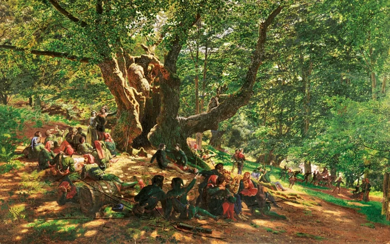 English painter Edmund George Warren’s 1859 painting of Robin Hood and his Merry Men in Sherwood Forest. The outlaws gathered in the greenwood under the great tree reflect a set of idealized symbols of old England, centuries in the making.