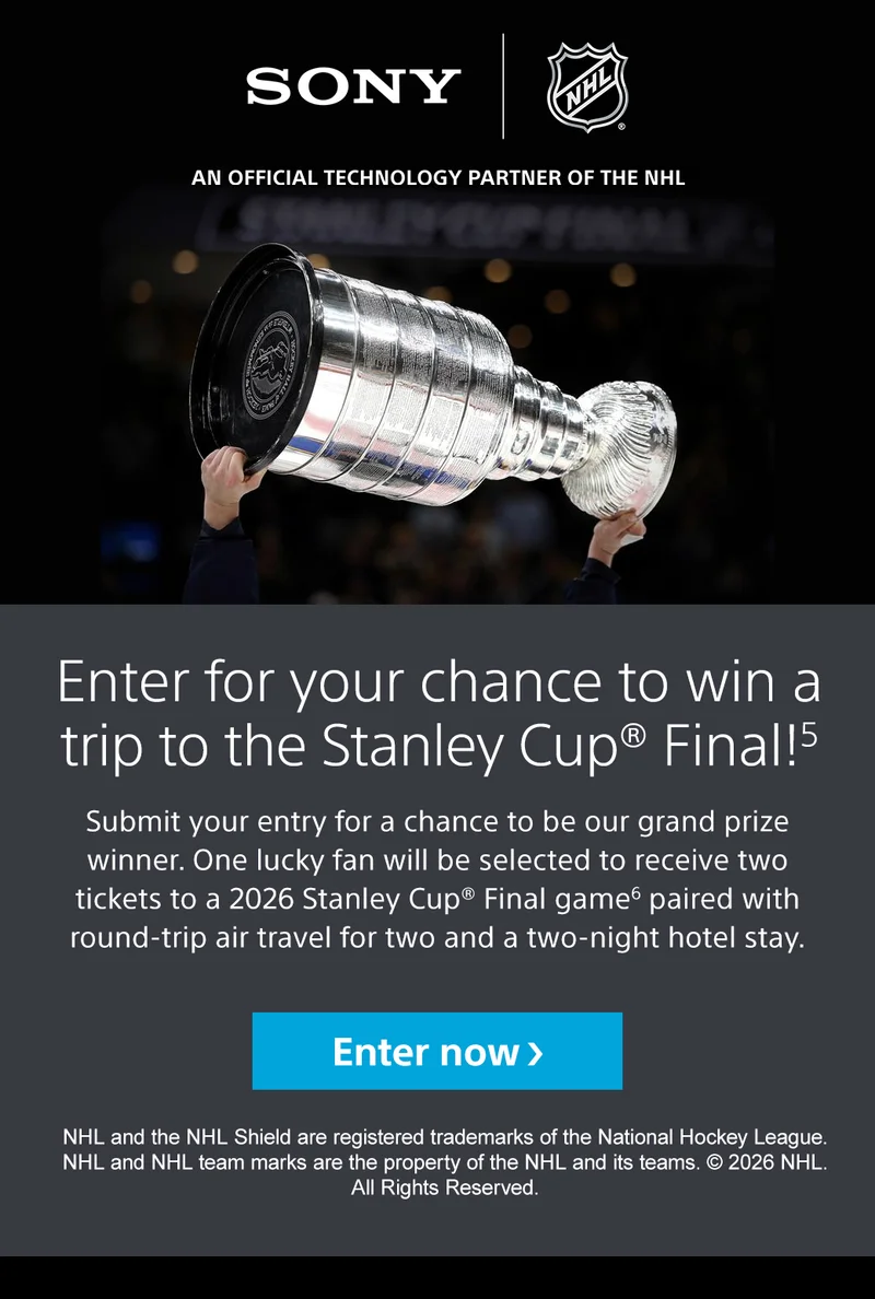 Enter for your chance to win a trip to the Stanley Cup® Final!5 | Submit your entry for a chance to be our grand prize winner. One lucky fan will be selected to receive two tickets to a 2026 Stanley Cup® Final game6 paired with round-trip air travel for two and a two-night hotel stay. Enter now