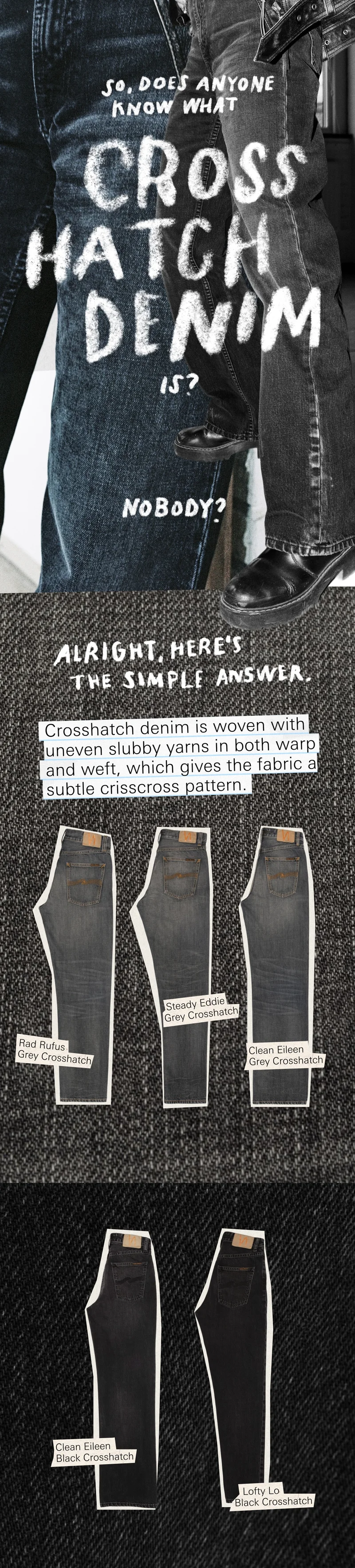 So, does anyone know what Crosshatch denim is? Nobody? Alright, here's the simple answer.  Crosshatch denim is woven with uneven slubby yarns in both warp and weft, which gives the fabric a subtile crisscross pattern. Below are the options we have.