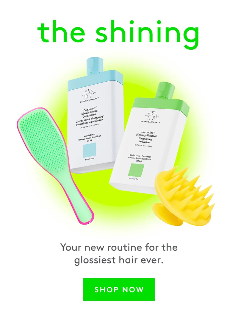 Glossy hair routine with Cocomino Conditioner, Cocomino Glossing Shampoo, Tangle Teezer and Scalp massager.
