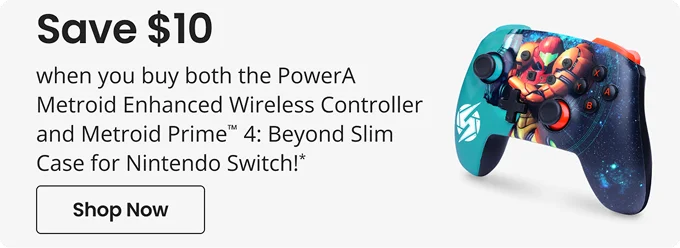 Save $10 when you buy both the PowerA Metroid Enhanced Wireless Controller and Metroid Prime™️ 4: Beyond Slim Case for Nintendo Switch!* | Shop Now