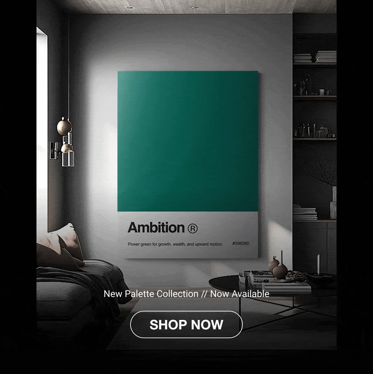 A rotating showcase of IKONICK’s new Palette Collection featuring four minimalist canvases — Ambition® in deep power green, Gratitude® in golden yellow, Legacy® in dynasty gold, and Visionary® in vivid violet — each displayed in elegant modern interiors. The text reads “New Palette Collection // Now Available.”