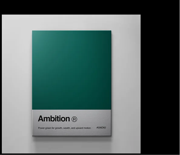 Modern wall art titled “Ambition®” showcasing a deep power green top section with a grey base reading “Power green for growth, wealth, and upward motion.”